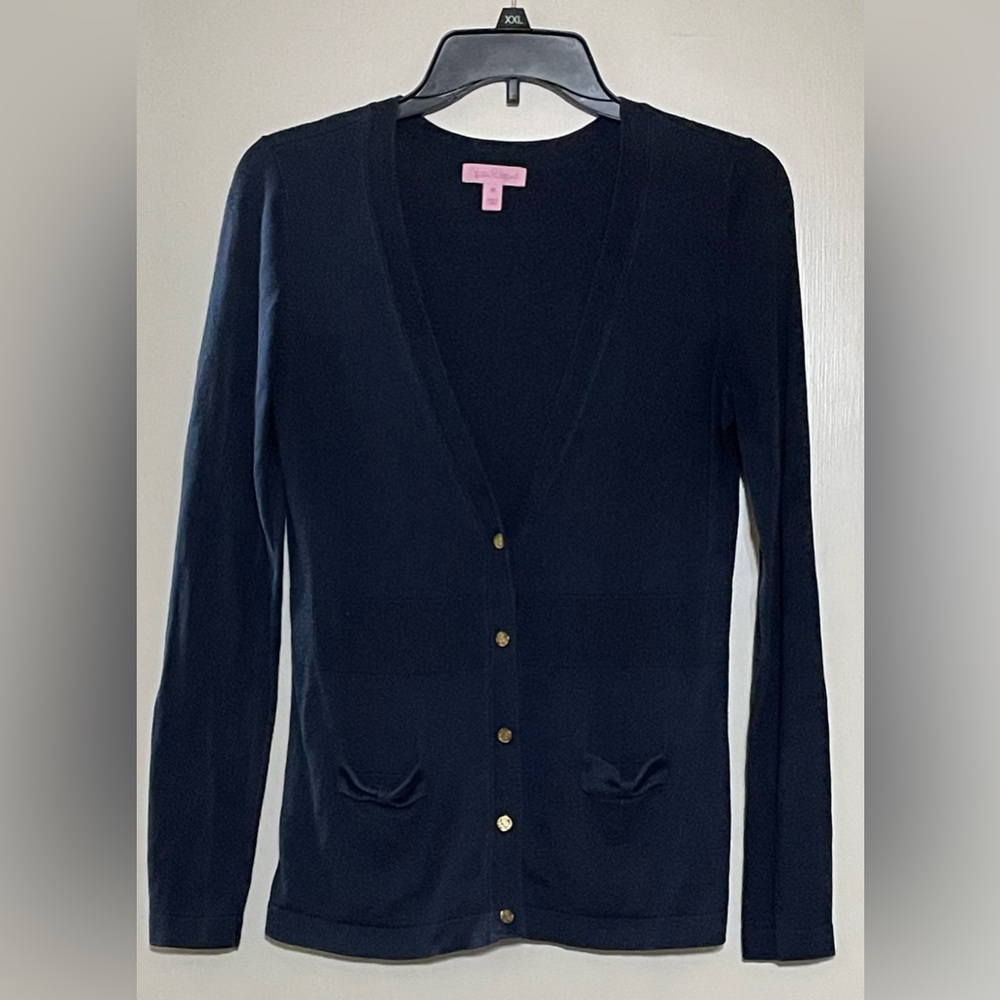 Lilly Pulitzer Navy Blue Silk Blend Long Sleeve Daisy Button Cardigan Women Sz M